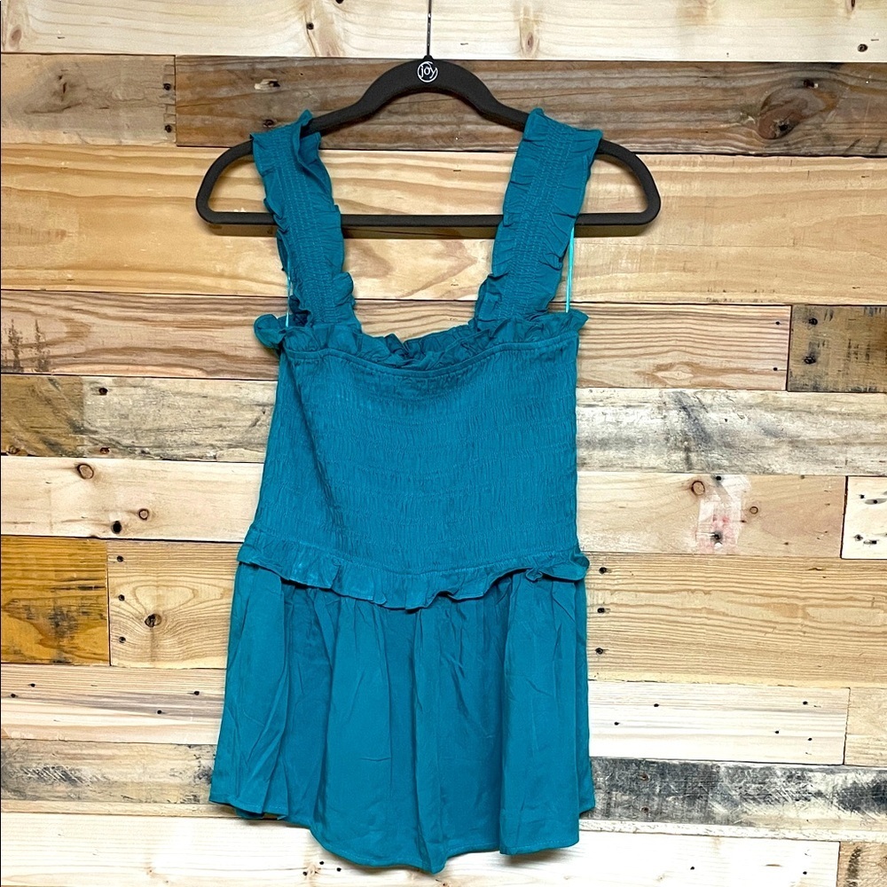 L Love size Large Teal Color Ruffle Smock Top Lightweight Flirty Feminine Blouse